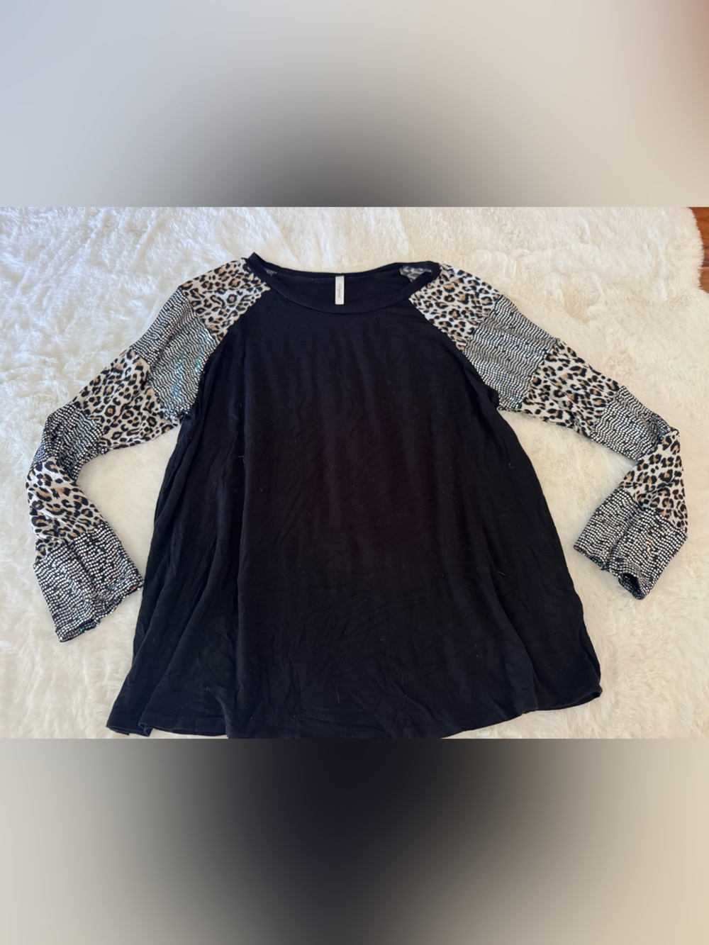 Black Long Sleeve Women's Top with Leopard & Stripe Sleeve Panels